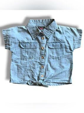 Vince Camuto Girls Denim Chambray Sz 7 Blue Cropped Short Tie Front-NWOT Flaw C8